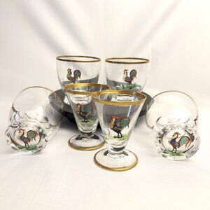 Hand-Painted Vintage Rooster 4 & 6 oz. Glassware Lot of 6 Tumblers